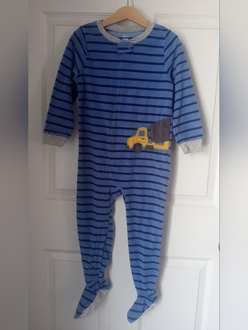 Carter's Blue Striped Footed One-Piece with Yellow Truck